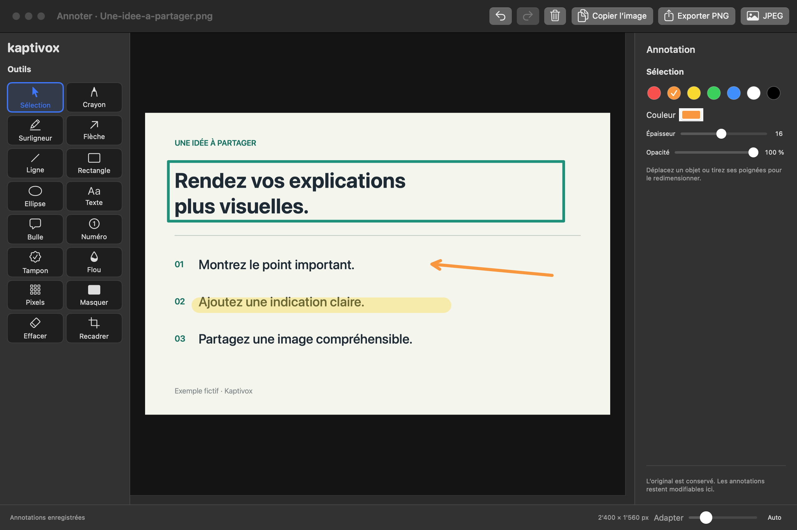 Véritable éditeur Kaptivox : outils de dessin, cadre, flèche et surlignage sur un document de démonstration.